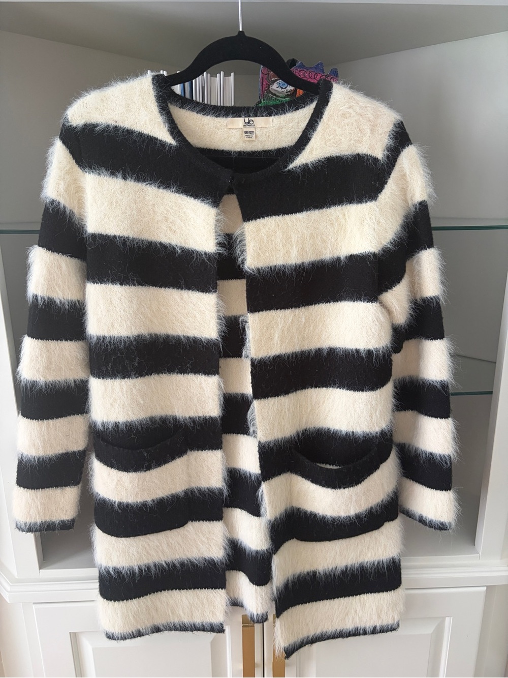 Black & Cream Striped Fuzzy Open Cardigan Jacket